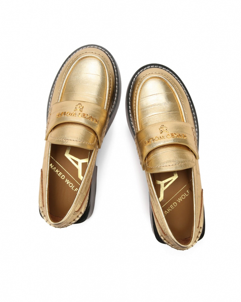 Naked Wolfe Swan Eel Print Women's Loafers Gold Singapore | T7K-8370